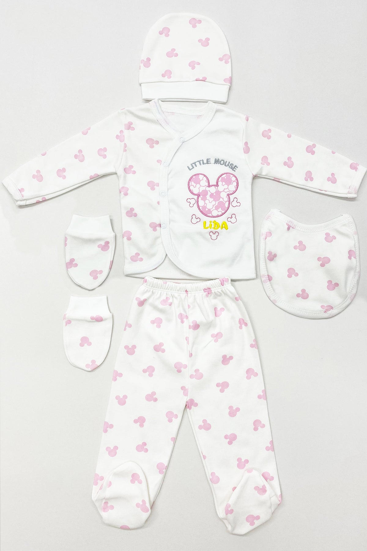 BEBEK HASTANE ÇIKIŞI 5 PARÇA BASKILI ŞAPKALI ELDİVENLİ ÖNLÜKLÜ E1