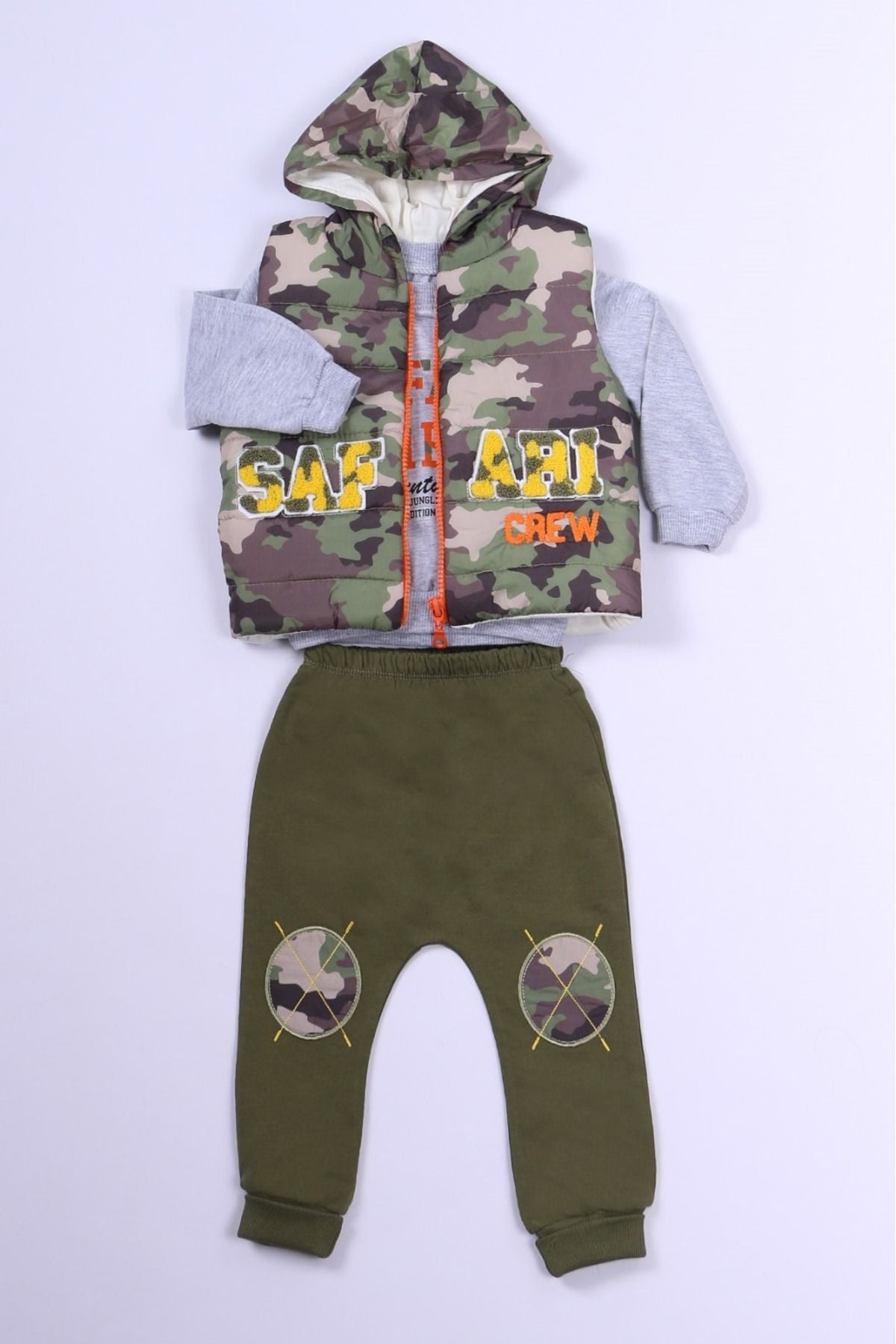 ERKEK ÇOCUK 3'LÜ TAKIM KAMUFLAJ DESENLİ KAPŞONLU YELEKLİ B62