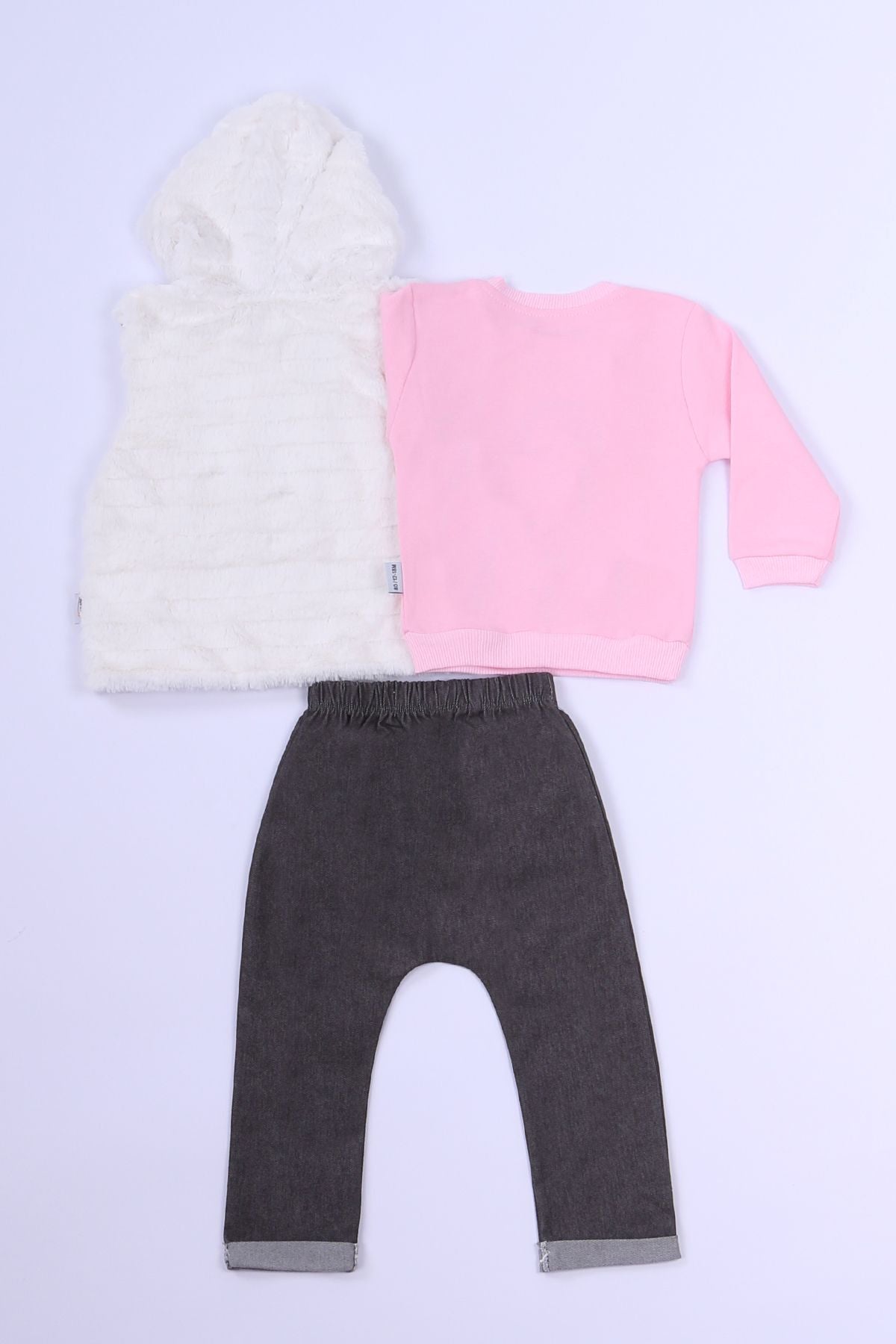 KIZ ÇOCUK 3`LÜ TAKIM BASKILI KAPŞONLU YELEKLİ B79