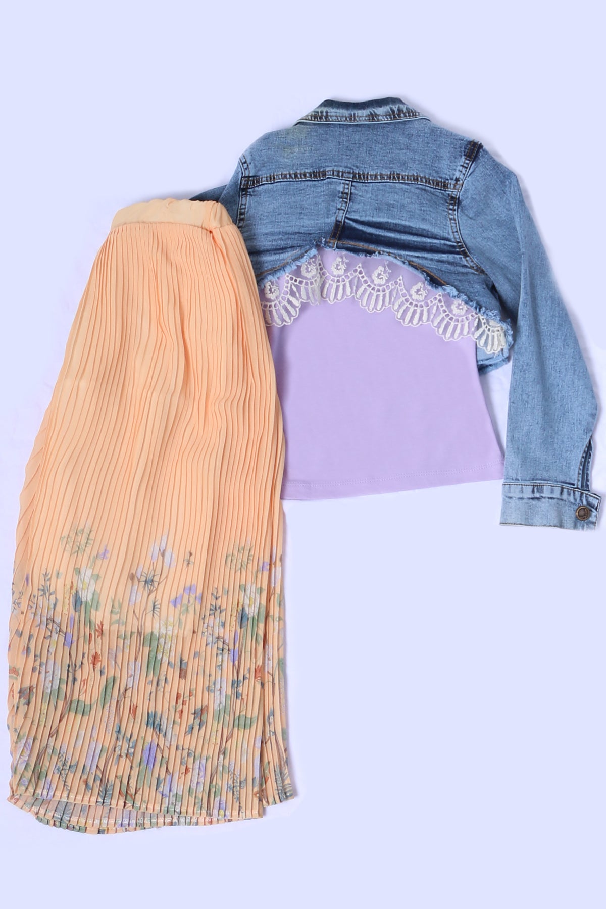 KIZ ÇOCUK 3 LÜ TAKIM KOT CEKETLİ TAŞ İŞLEMELİ FIRFIRLI A53