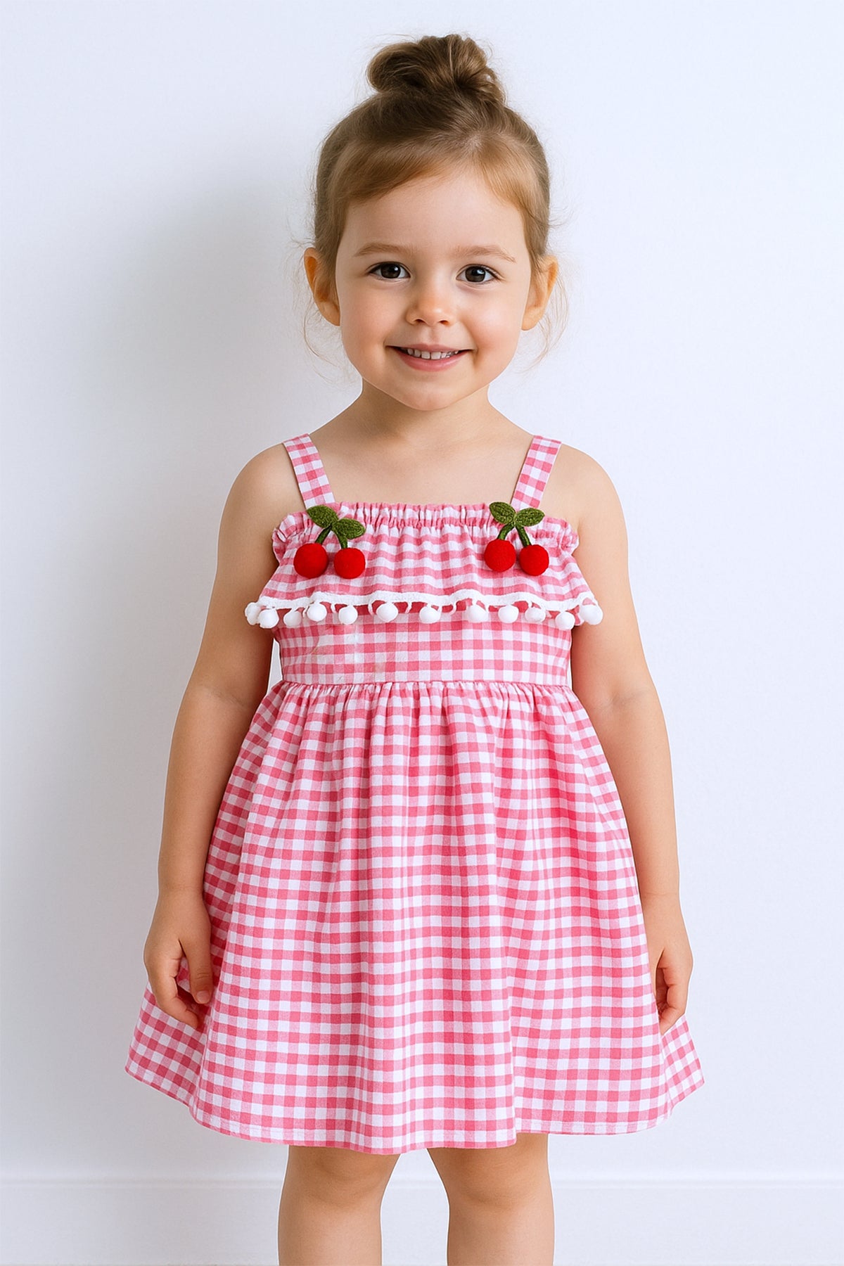 KIZ ÇOCUK ASKILI ELBİSE DANTELLİ EKOSE DESENLİ B14