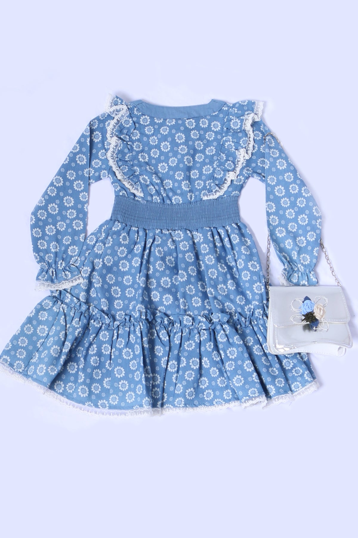 KIZ ÇOCUK ELBİSE ÇANTA HEDİYELİ FIRFIRLI DANTEL DETAYLI B75