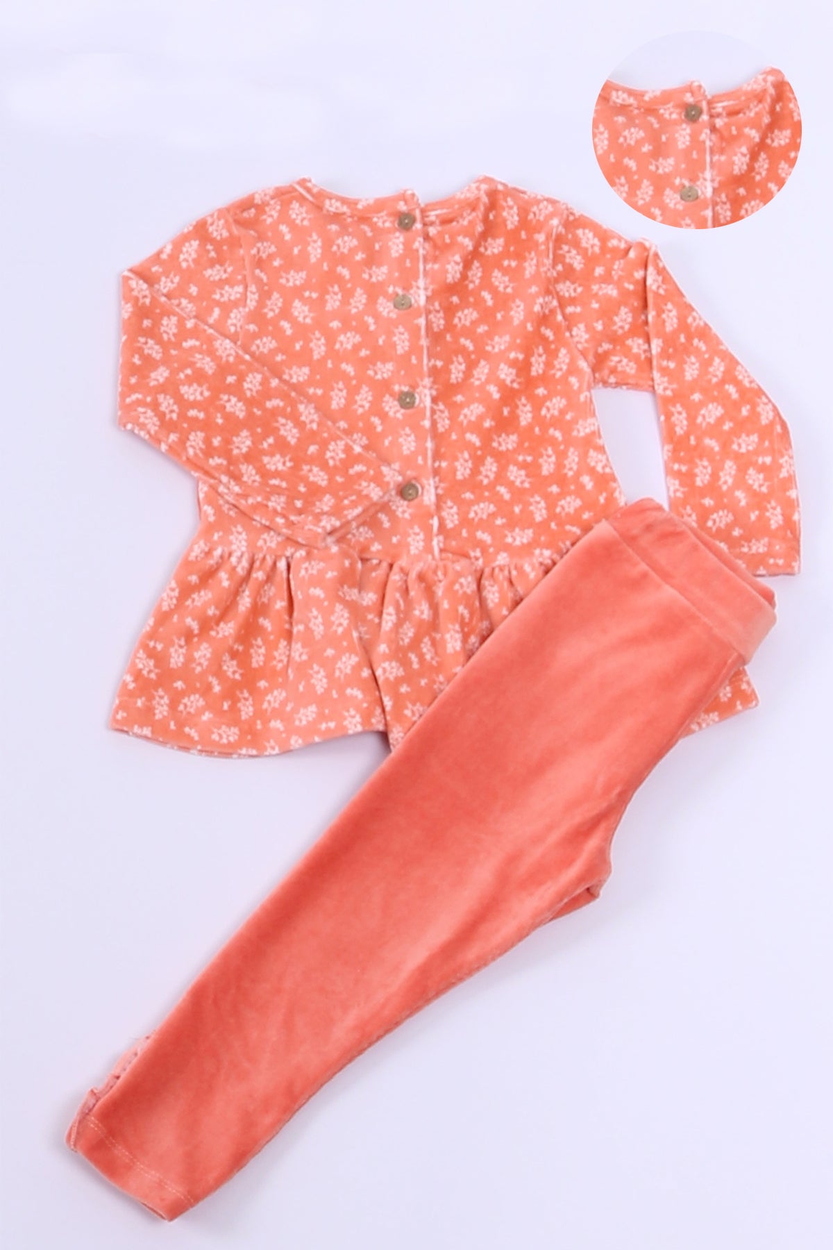 KIZ ÇOCUK KADİFE TUNİK TAKIM FIRFIRLI DÜĞMELİ C19