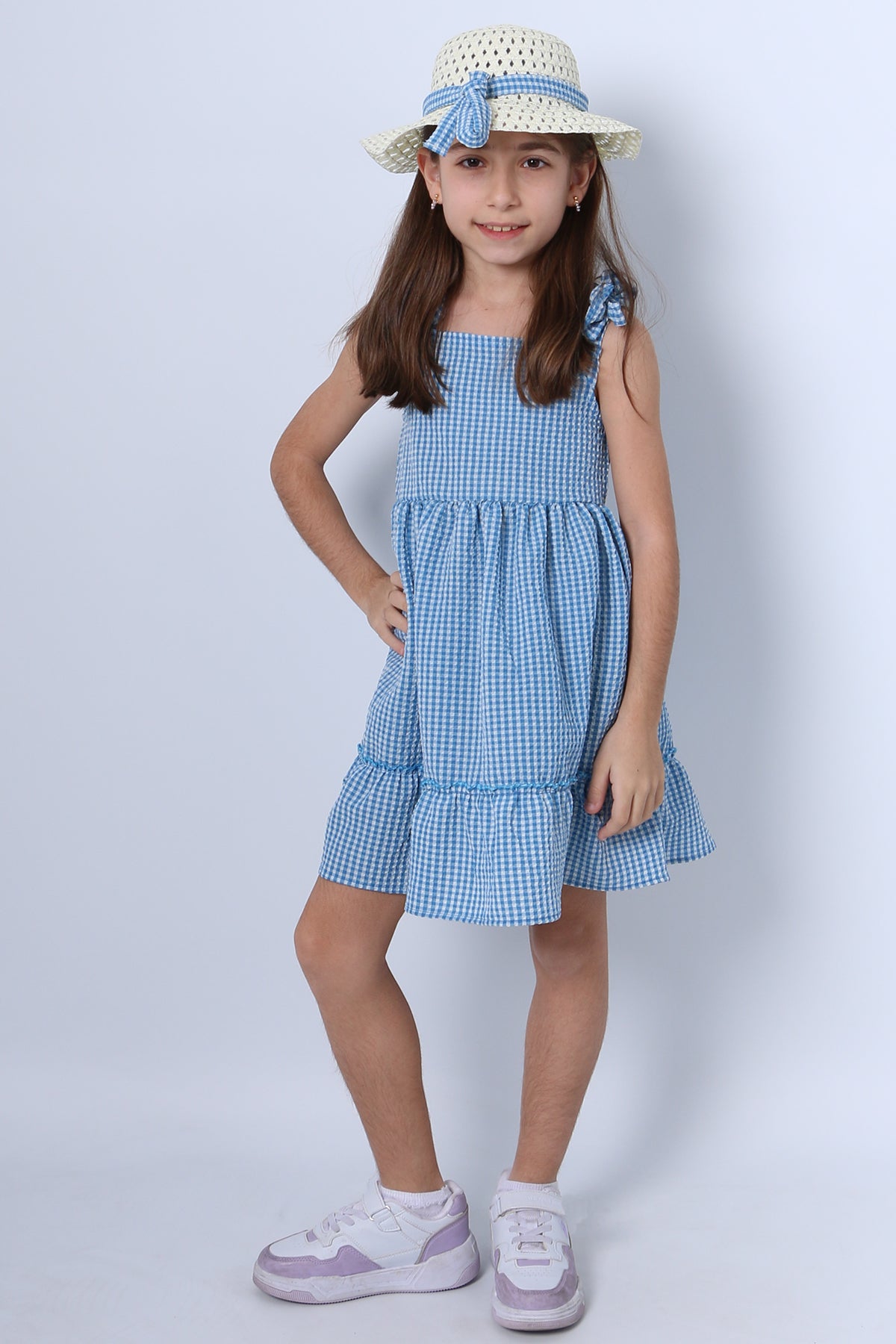 KIZ ÇOCUK ŞAPKALI ELBİSE KARELİ FİYONKLU B33