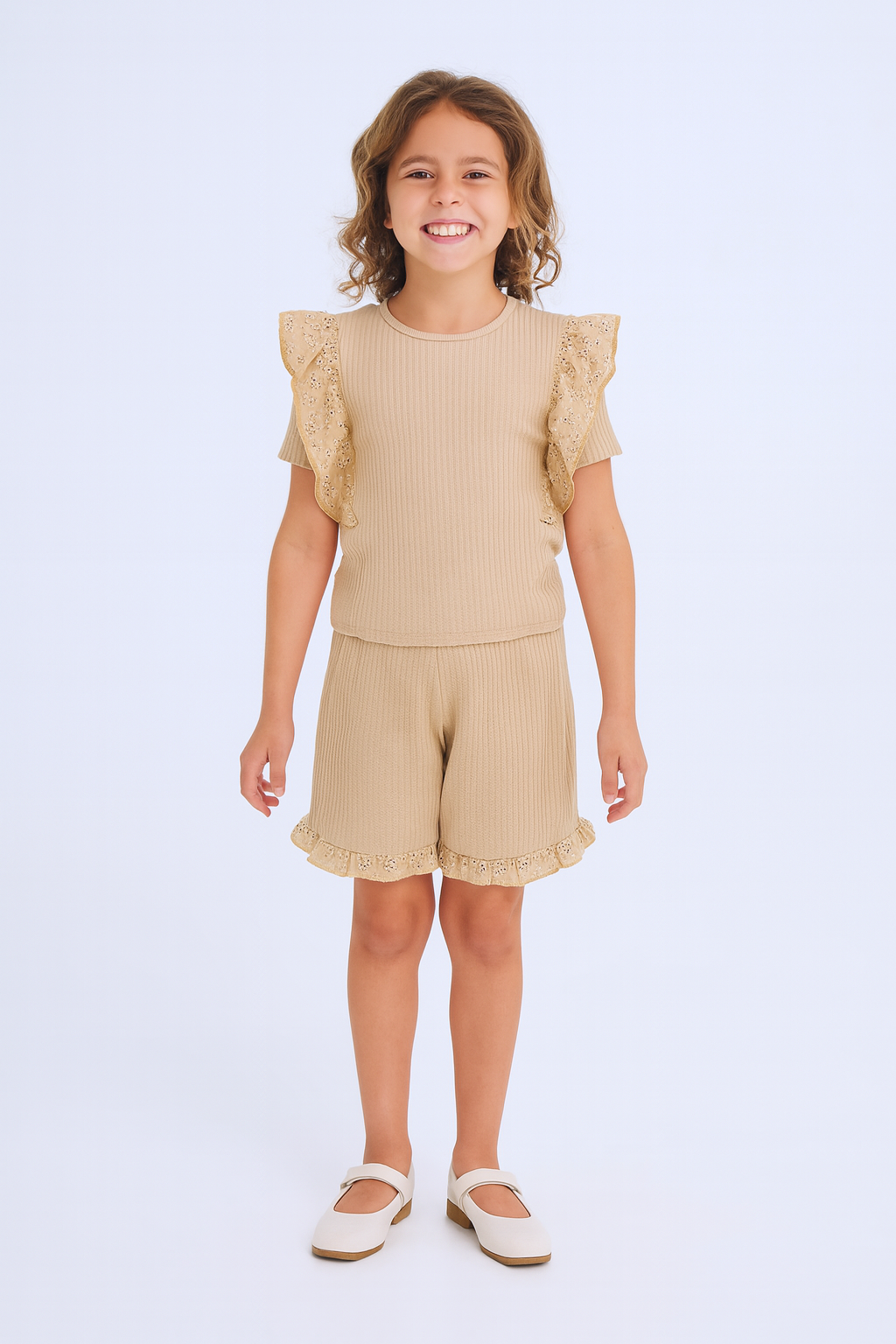 KIZ ÇOCUK ŞORTLU TAKIM DANTEL DETAYLI DÜZ RENK FIRFIRLI F24