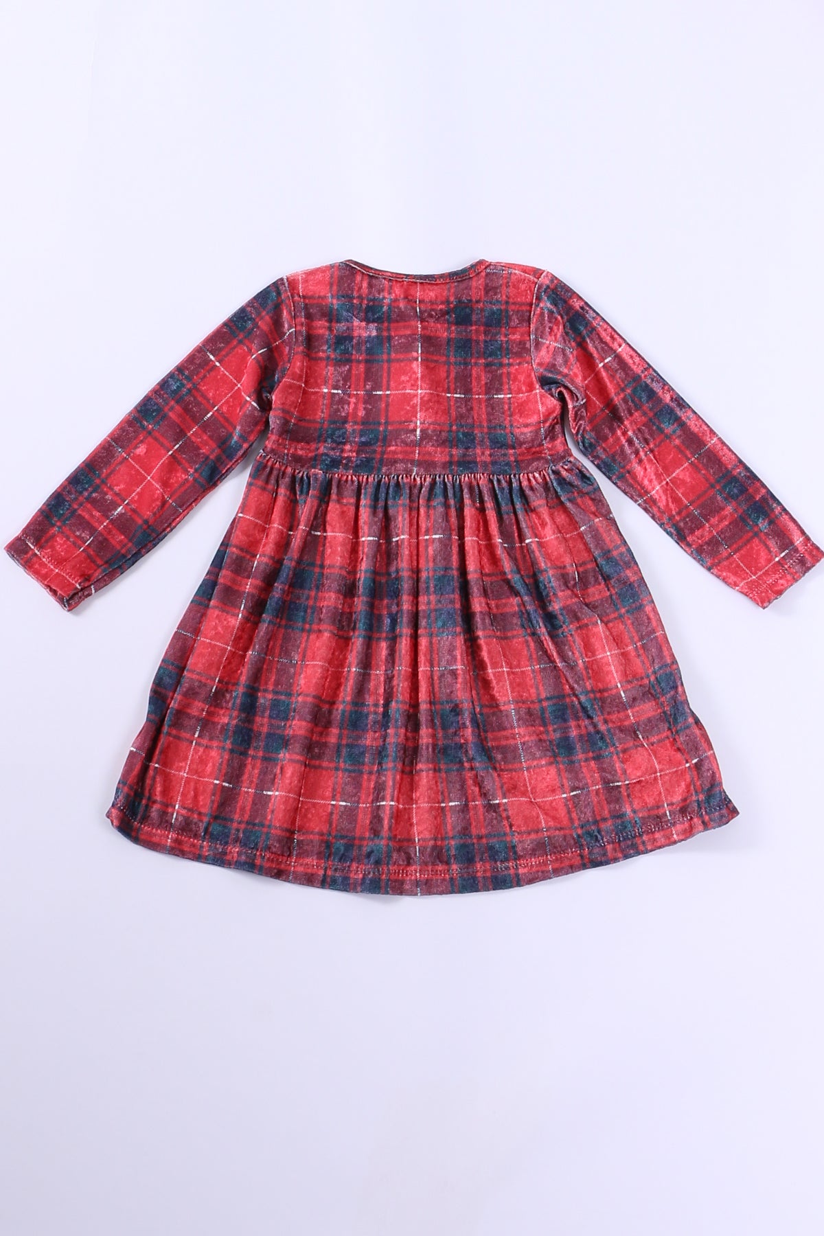 KIZ ÇOCUK YILBAŞI KADİFE ELBİSE UZUN KOLLU EKOSE DESENLİ GEYİK NAKIŞLI C40