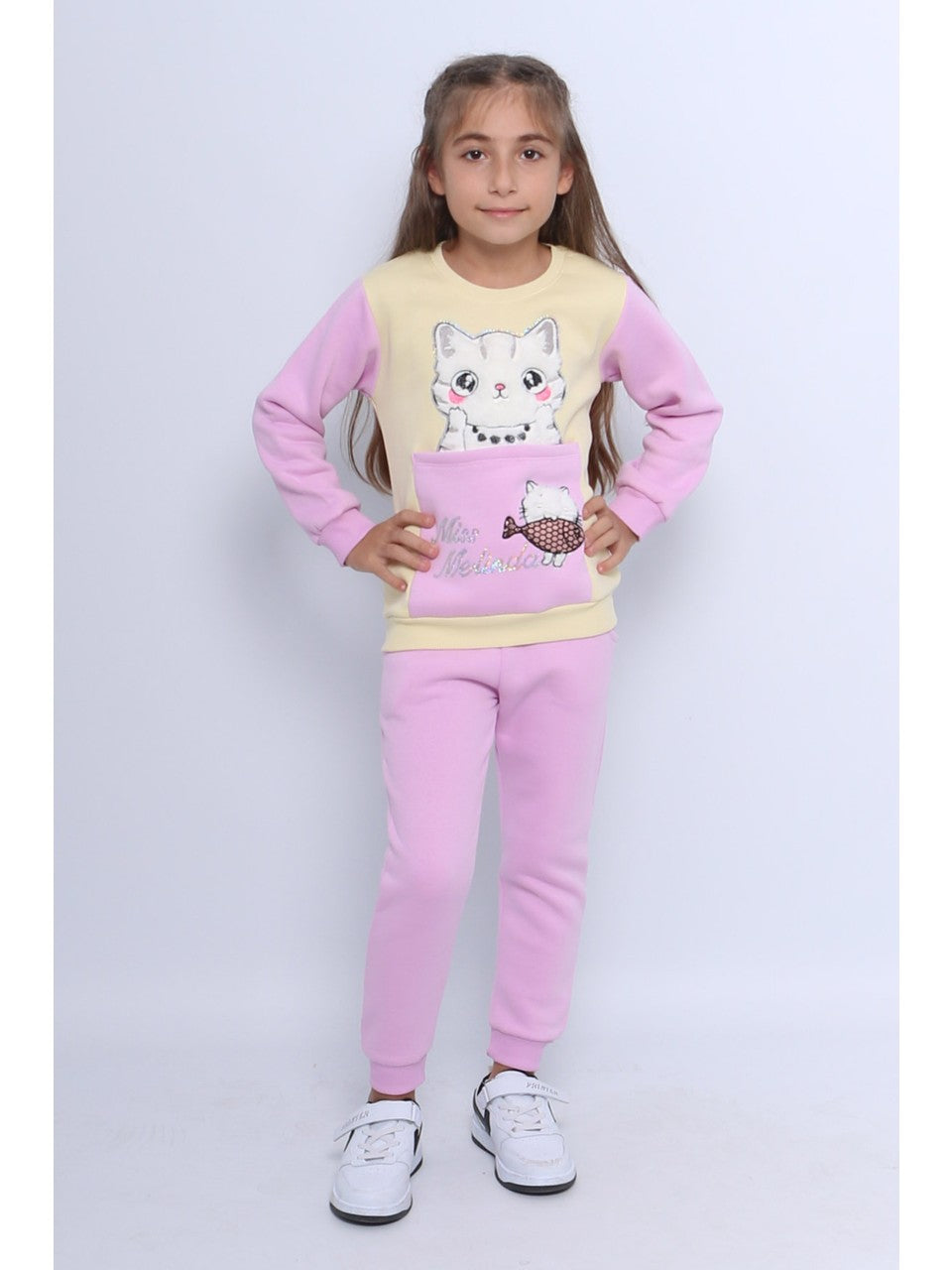Kız Çocuk 3 Iplik Eşofman Takımı Kedi Baskılı E4