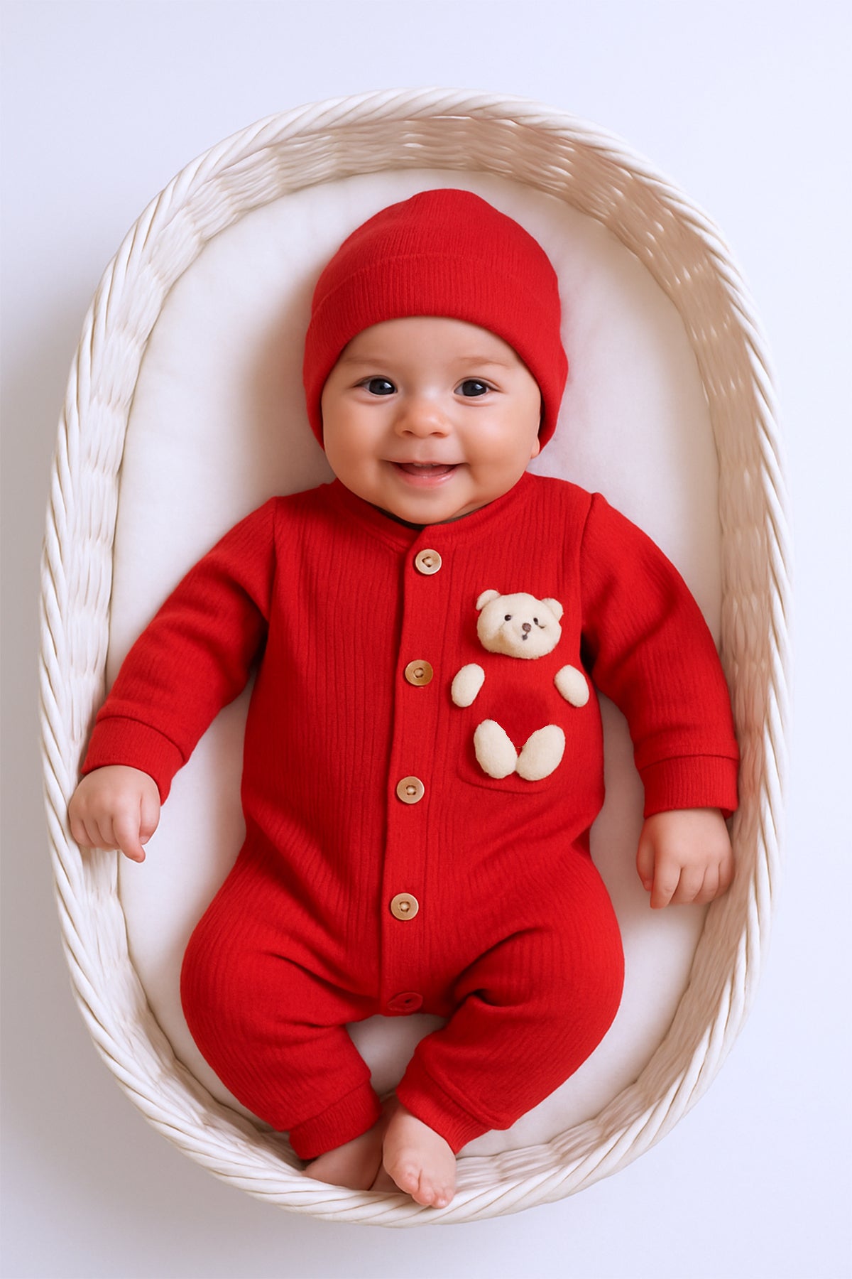 BEBEK TULUM ŞAPKA HEDİYELİ DÜĞMELİ AYICIK DETAYLI C32