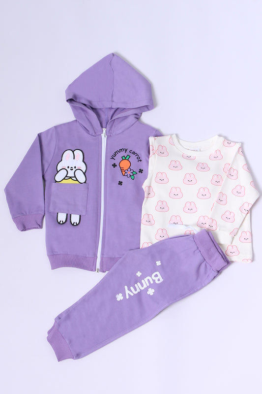 KIZ BEBEK EŞOFMAN TAKIMI KAPŞONLU FERMUARLI TAVŞAN BASKILI A16