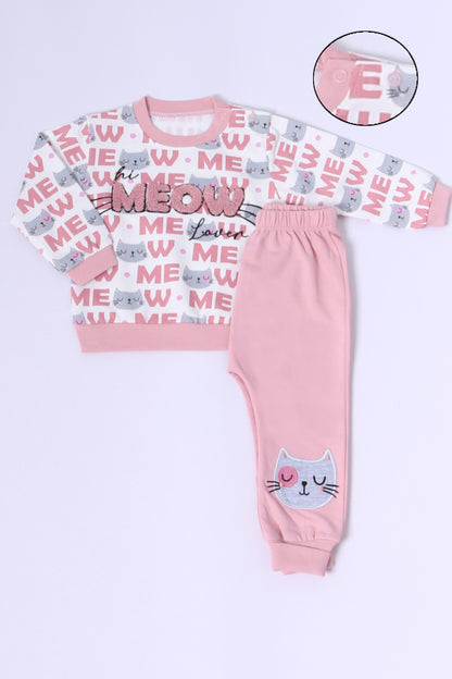 KIZ BEBEK EŞOFMAN TAKIMI KEDİCİK BASKILI ÇITÇITLI B72