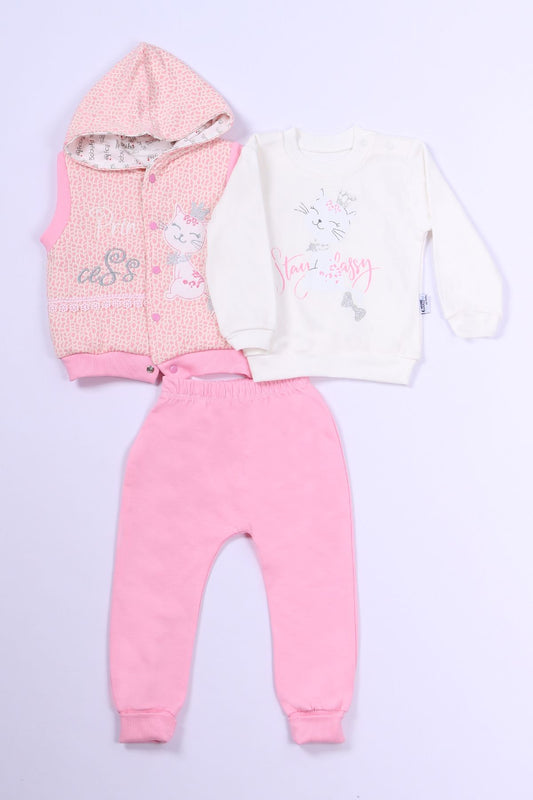 KIZ ÇOCUK 3'LÜ TAKIM KEDİ BASKILI KAPŞONLU YELEKLİ B61