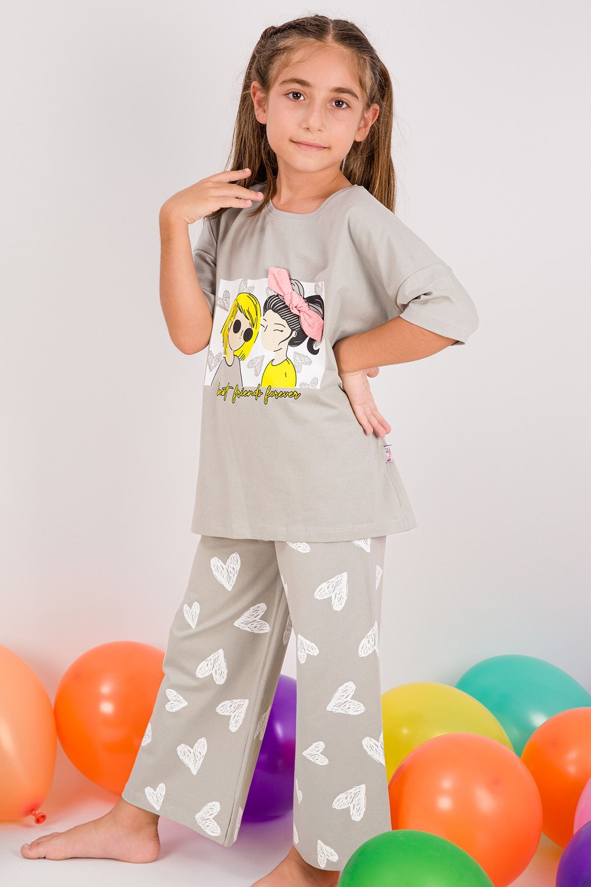 Kız Çocuk Eşofman Takımı Kalp Baskılı İspanyol Paça B31