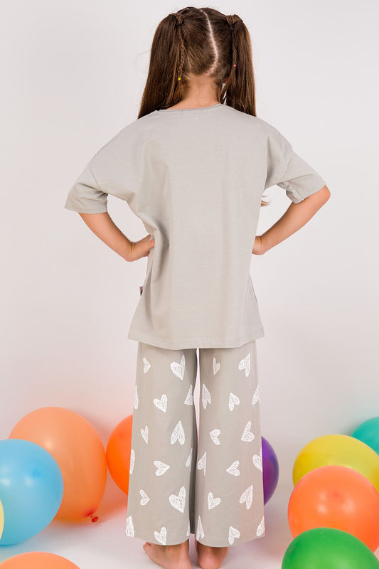 Kız Çocuk Eşofman Takımı Kalp Baskılı İspanyol Paça B31