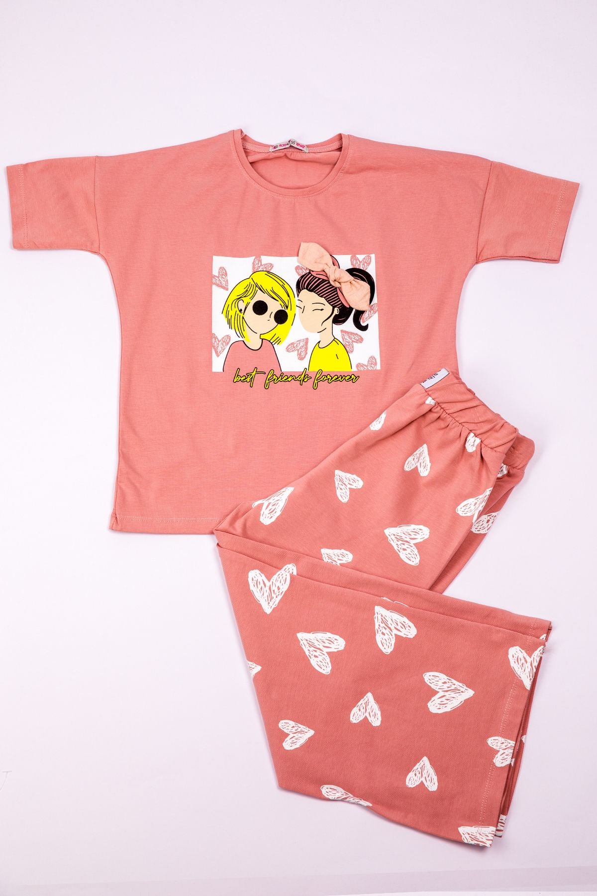 Kız Çocuk Eşofman Takımı Kalp Baskılı İspanyol Paça B31