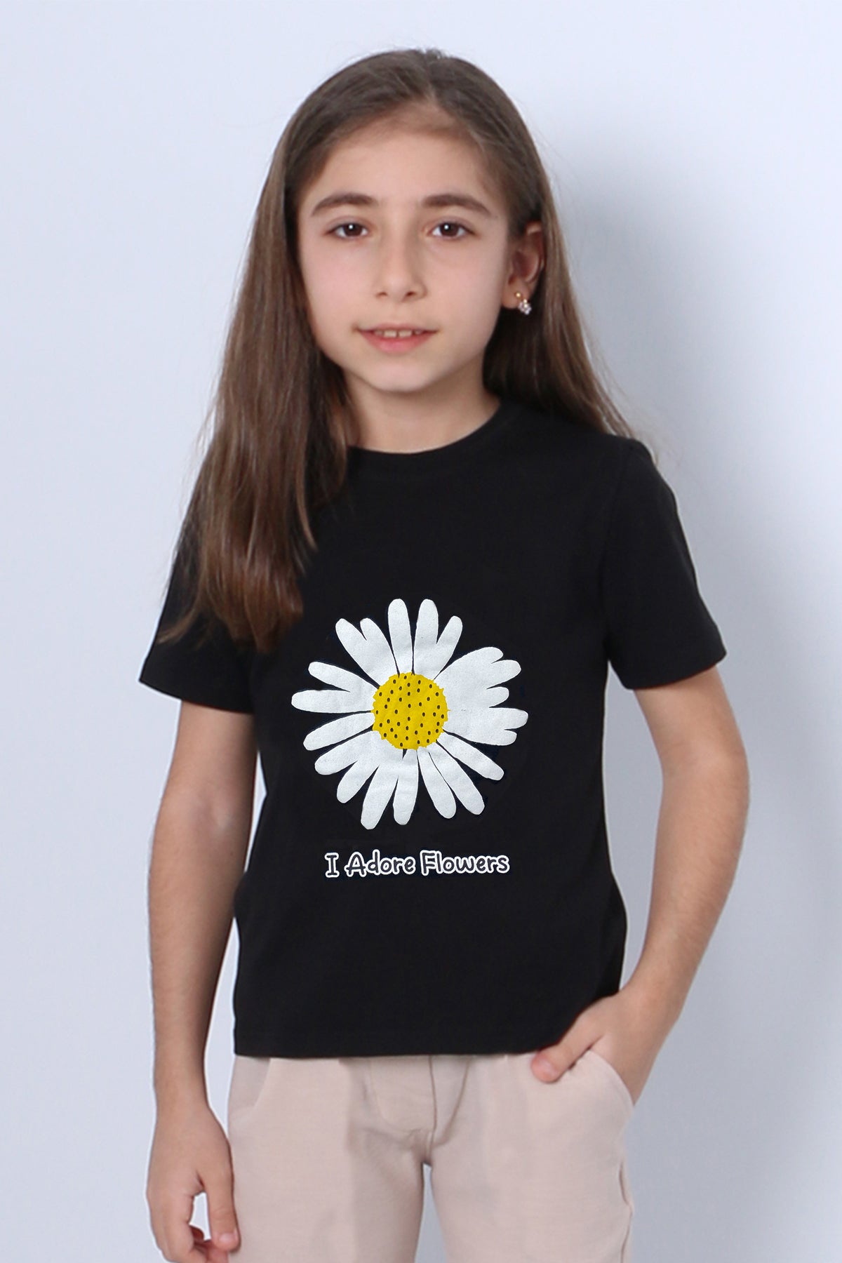 KIZ ÇOCUK TSHİRT PAPATYA BASKILI BİSİKLET YAKA D26